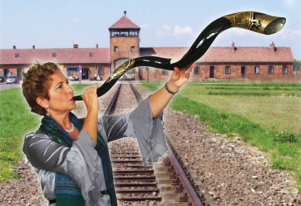 AB blowing shofar with Auschwitz in background